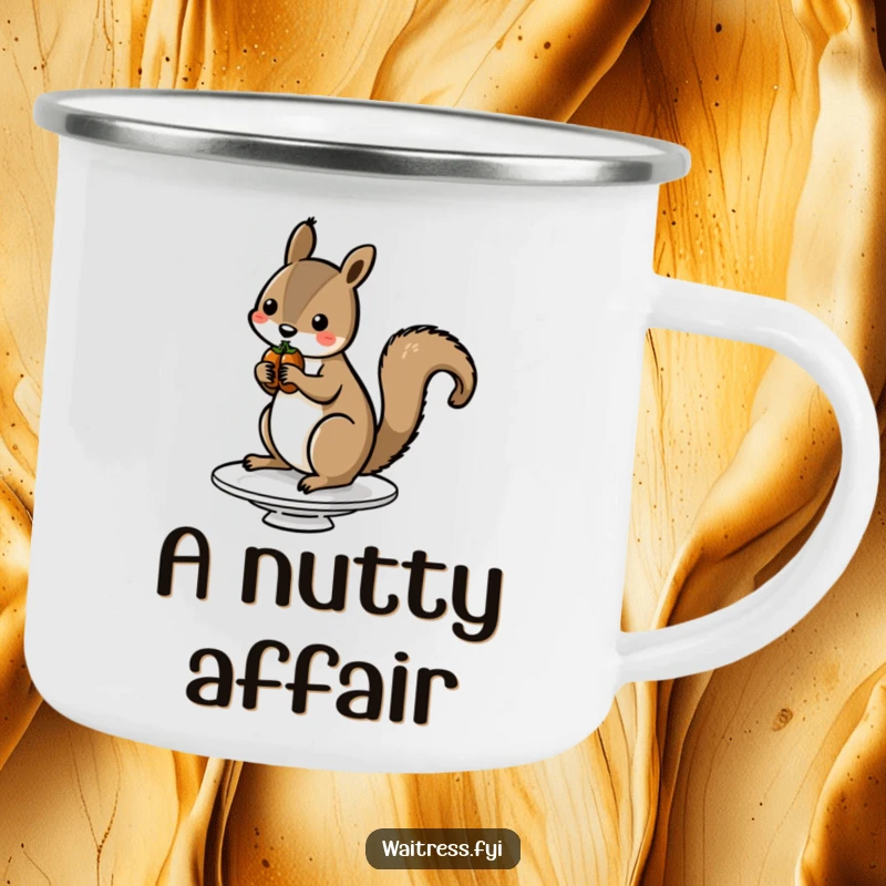 Funny Squirrel Nut Camping Mug showing a squirrel balancing nuts on a dish, ideal for outdoor use with a humorous touch.
