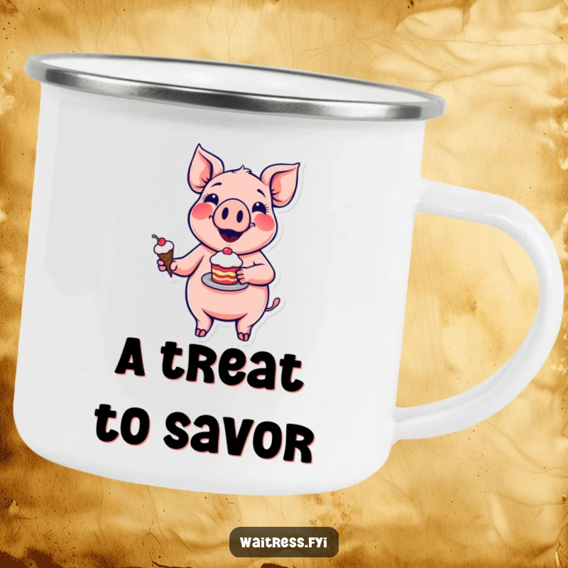 Funny pig dessert camping mug showing a smiling cartoon pig wearing a bandana, holding a plate of cookies with a happy expression.