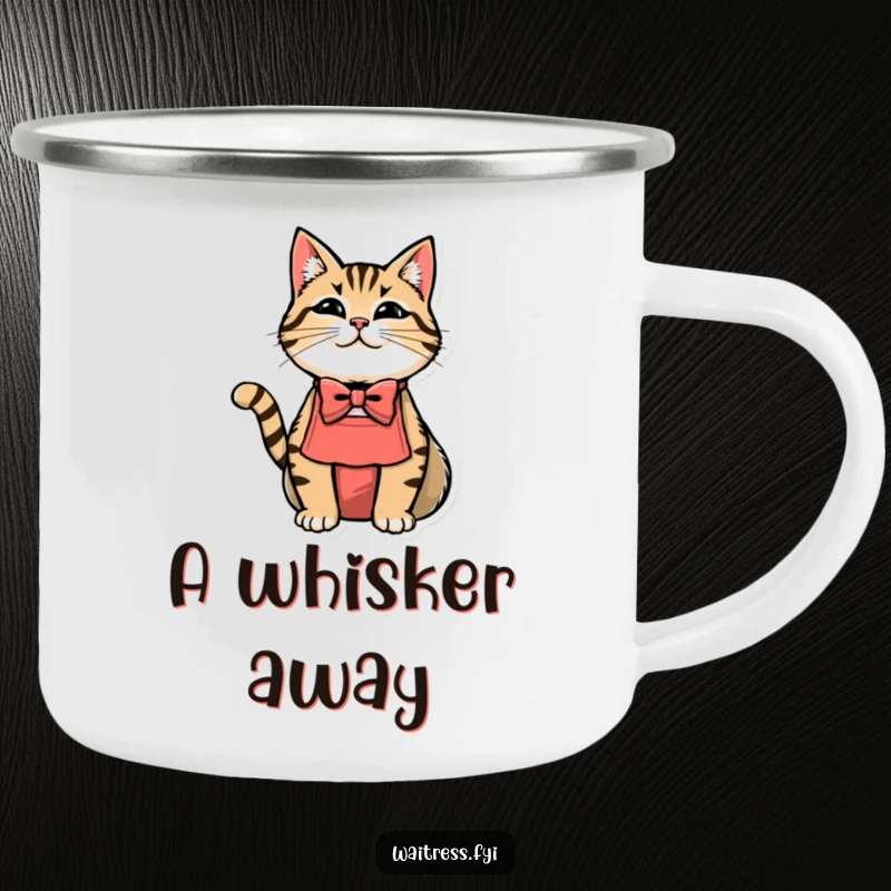 Funny cat waiter camping mug featuring a cat wearing a bowtie and apron.
