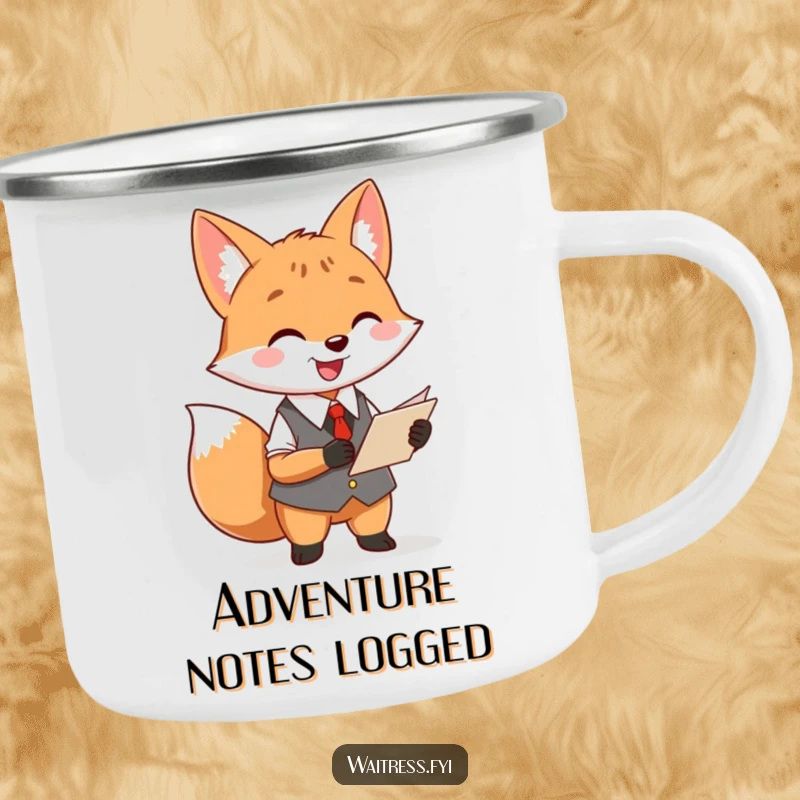 Funny fox waiter camping mug featuring a cheerful fox taking an order, perfect for outdoor dining with humor.