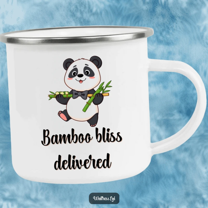 Funny Panda Bamboo Camping Mug showing a friendly panda with bamboo, ideal for outdoor use with a humorous touch.