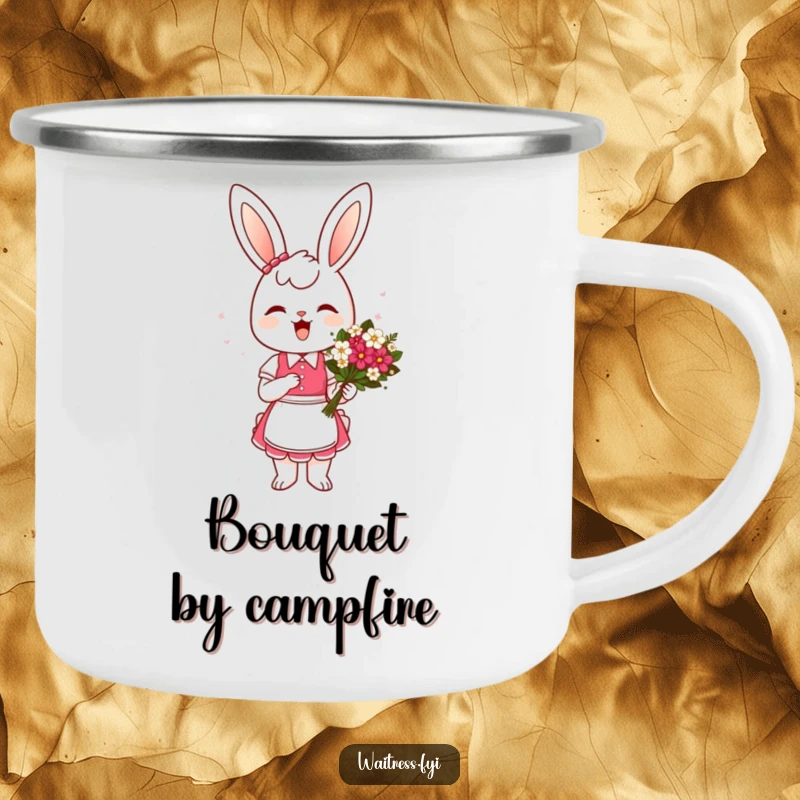 Funny Bunny Waitress Camping Mug: A cheerful bunny waitress presenting a flower bouquet with a curtsey, perfect for campers who love cute humor.