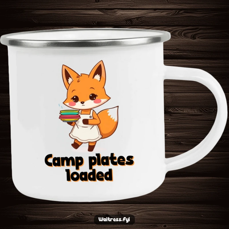 Funny orange fox character with an apron, happily carrying plates, on a camping mug, a funny outdoor gift.