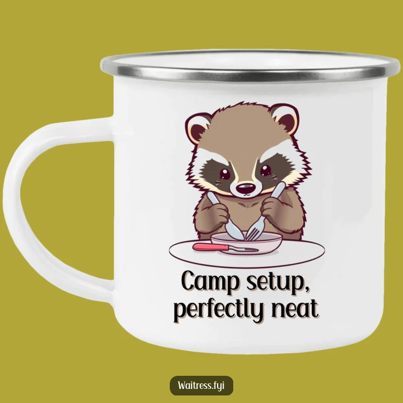 Funny Kawaii Badger Camping Mug: Orderly Campfire Companion with Cutlery Art Gift
