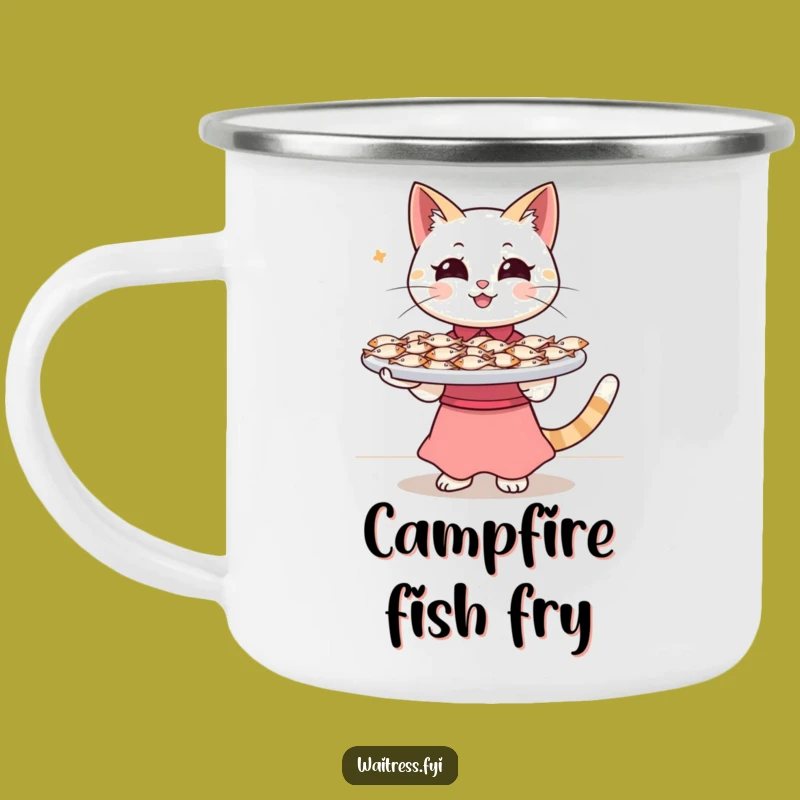 Funny Cat Waitress Camping Mug: Fish Tray Adventure - Hilarious Outdoor Gift for Campers