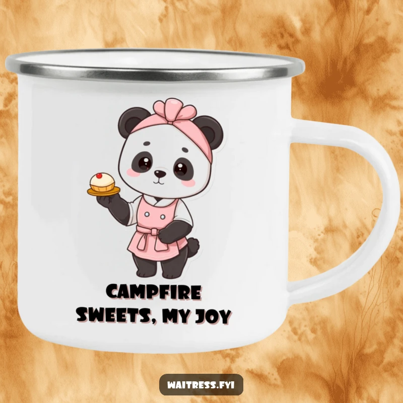 Funny panda waitress camping mug showing a graceful panda presenting a pastry, ideal for outdoor beverages with a touch of elegant humor.