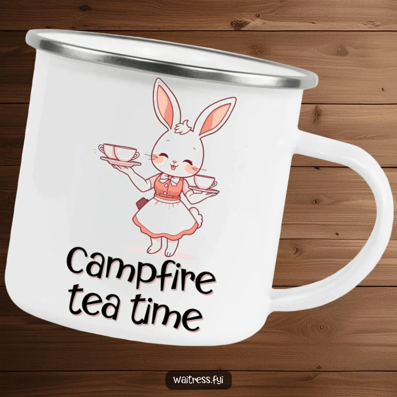 Funny bunny waitress camping mug featuring a smiling bunny balancing a tea tray, perfect for outdoor tea time.