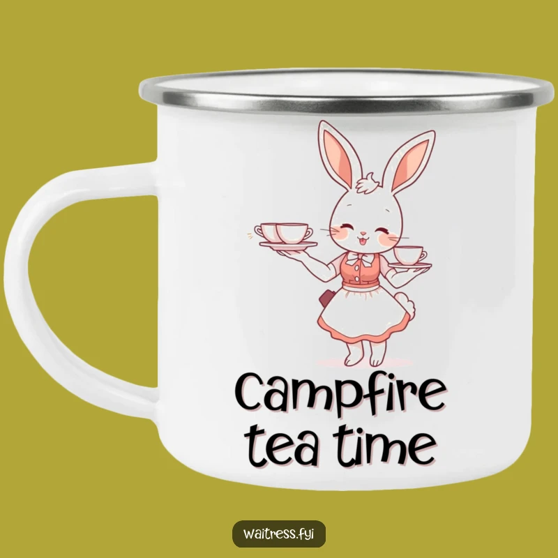 Funny Bunny Waitress Camping Mug: Enamel Tea Mug, Humorous Cafe Outdoor Gift