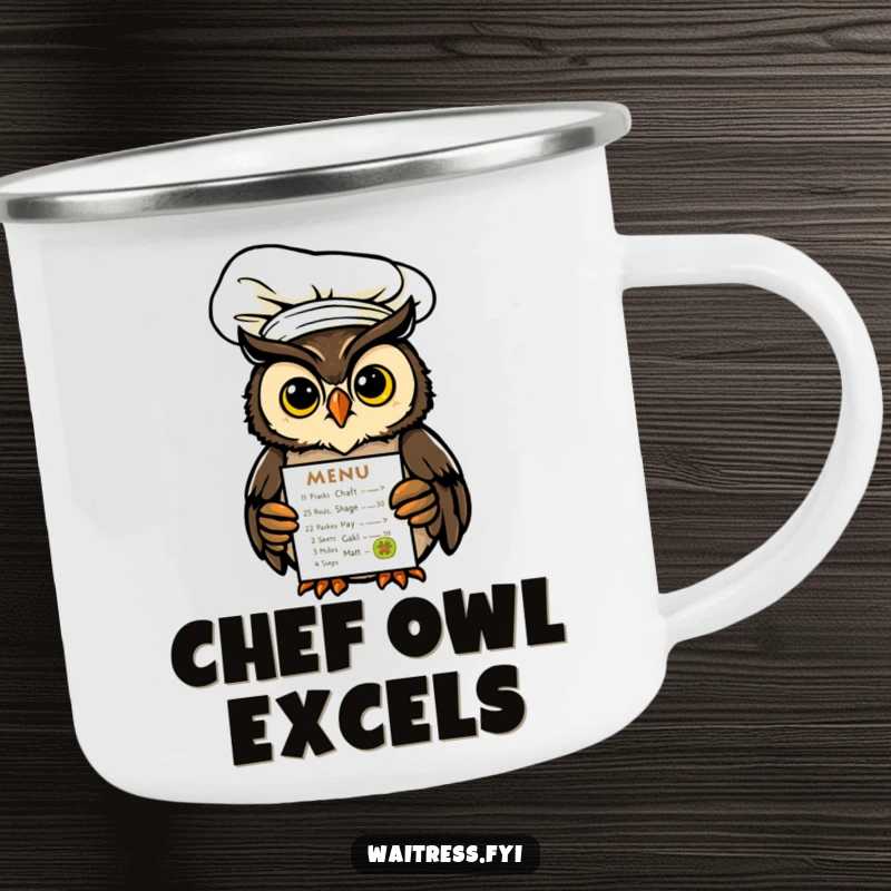 Funny Owl Chef Camping Mug featuring an owl chef with a glowing menu, ideal for outdoor enthusiasts seeking a humorous touch.