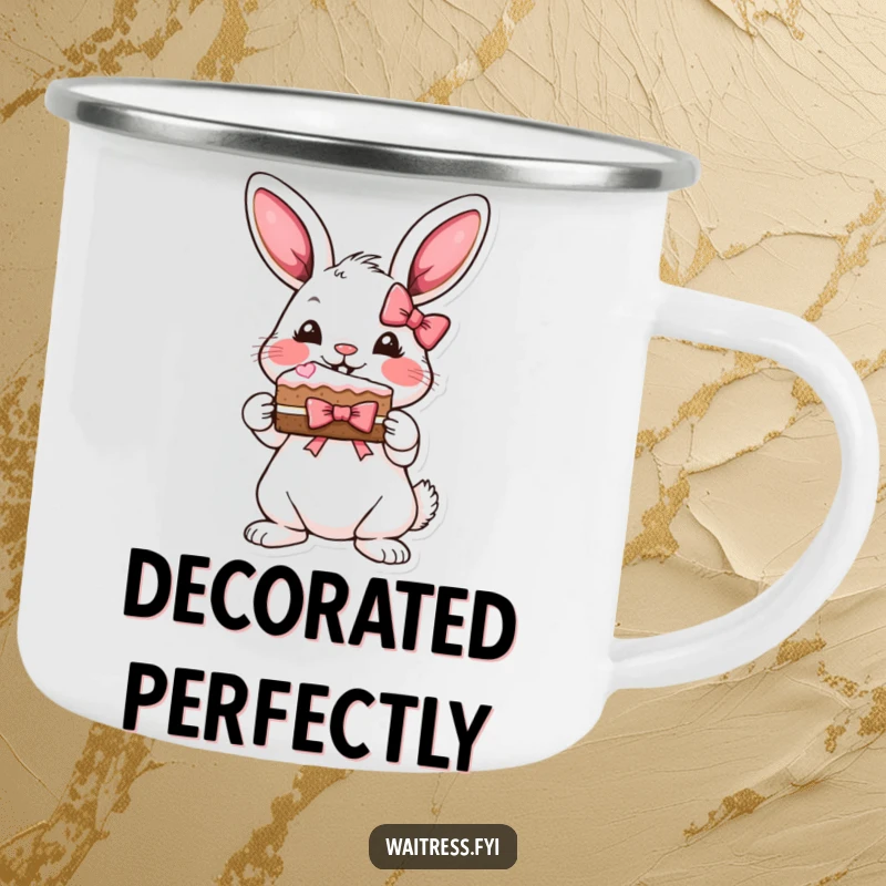 Funny bunny cake camping mug with a playful bunny presenting a slice of cake with a ribbon bow.