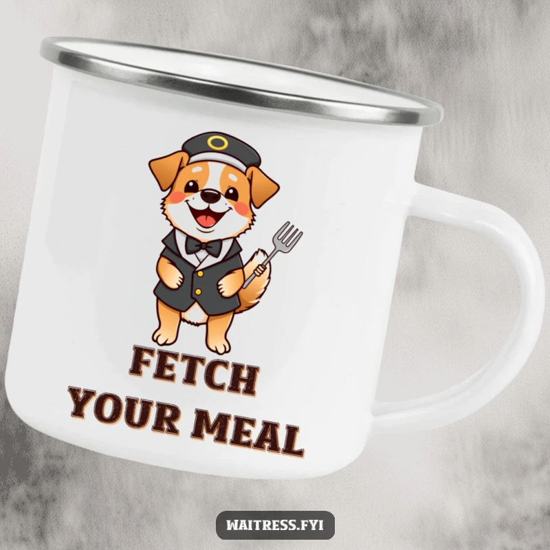 Funny dog waiter camping mug with a happy dog dressed as a waiter, tail wagging with excitement.