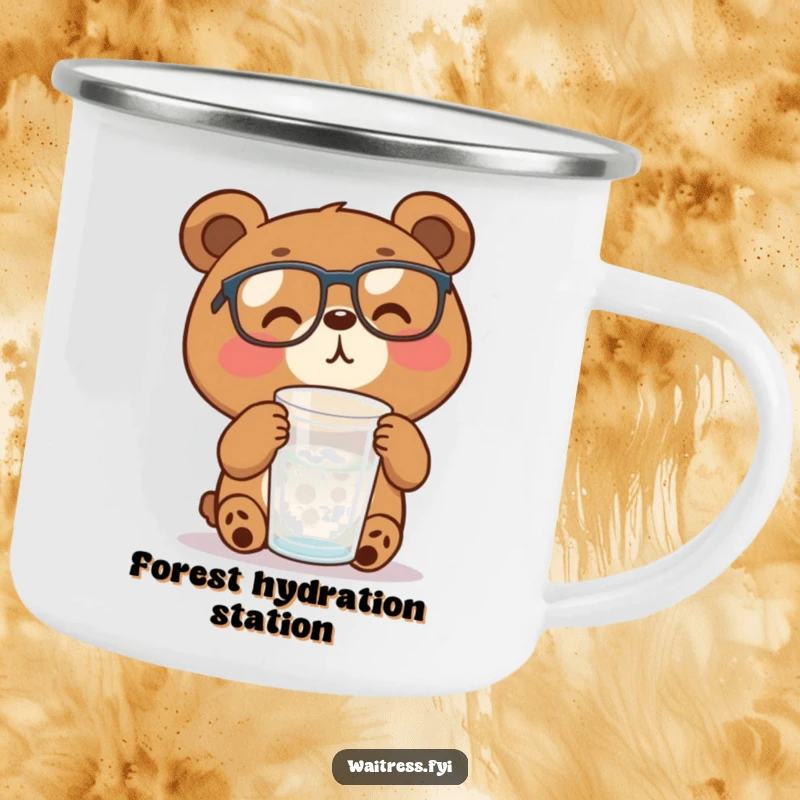 Funny brown bear with glasses refills a water glass on this sturdy camping mug, perfect for outdoor humor.