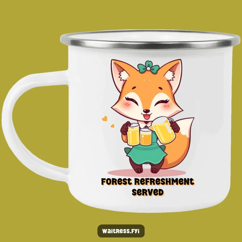 Funny Fox Waitress Camping Mug: Winking Fox Enamel Mug, Humorous Outdoor Gift