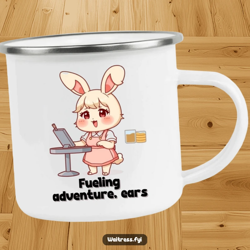 Funny bunny waitress camping mug showing a chubby bunny taking an order with glee, perfect for campers and as a humorous funny gift.