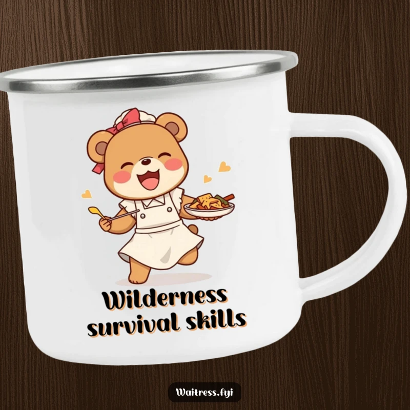 Funny bear waitress camping mug featuring a happy bear tripping while saving food, perfect for outdoor mishaps.