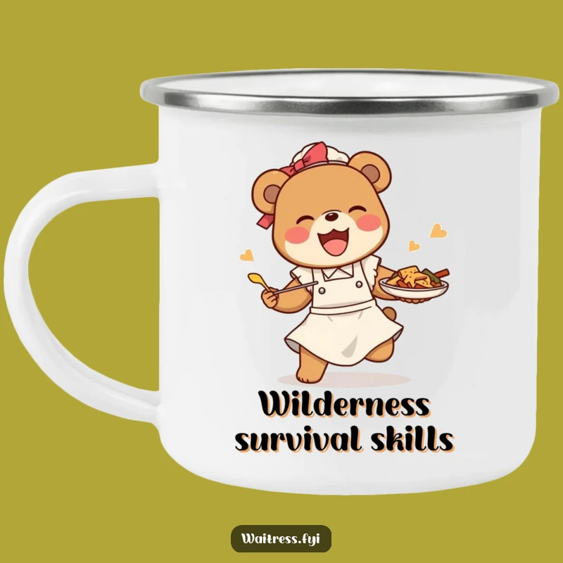 Funny Bear Waitress Camping Mug: Enamel Mishap Mug, Humorous Restaurant Outdoor Gift