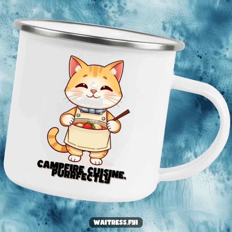 Funny cat chef camping mug, a proud cat wearing an apron presents a steaming bowl. Durable and humorous enamel mug.