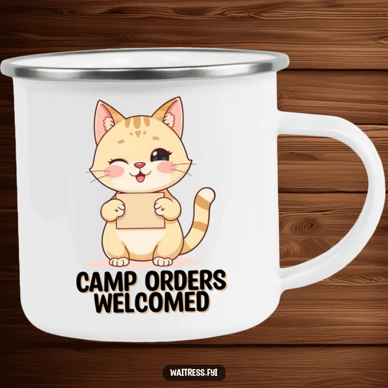 Funny cat camping mug showing a happy cat taking an order with a polite nod, humorous outdoor gear.