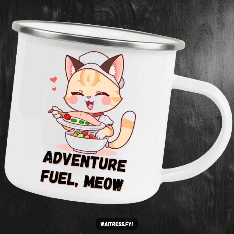 Funny cat waitress camping mug, winking playfully while serving, ideal for outdoor adventures and humorous sipping.