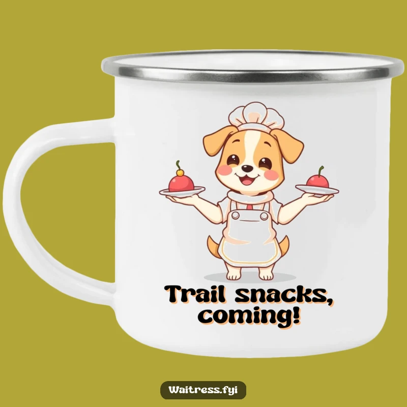Funny Dog Waitress Camping Mug: Juggling Pup Enamel Mug, Humorous Outdoor Gift