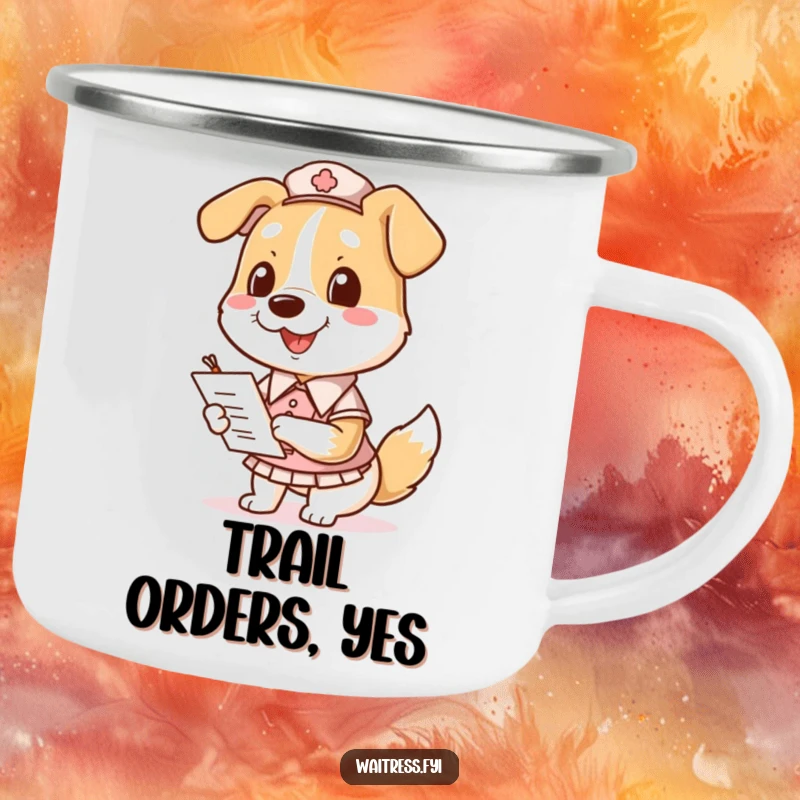 Funny Dog Waitress Camping Mug with a smiling dog in a uniform, holding a notepad and pen for orders.