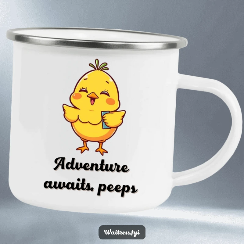 Funny yellow chick character in a camping mug, giggling and bouncing with excitement, ready for outdoor fun.