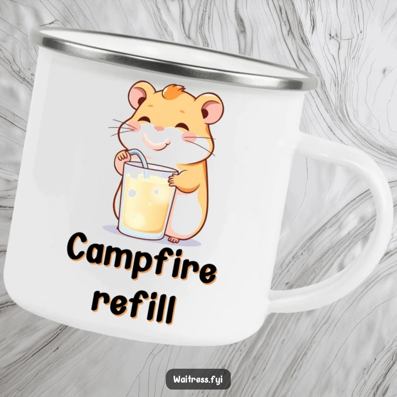 Funny camping mug featuring a happy hamster cheekily refilling a drink, durable for outdoor use and bringing cheer.