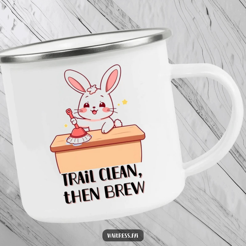 Funny Kawaii Bunny Camping Mug: A cute bunny cleaning a surface, designed for outdoor adventures and happy sipping.