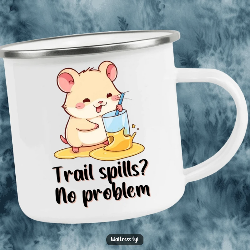 Funny Kawaii Hamster Camping Mug: A cute hamster swiftly cleans a spilled drink, ready for any outdoor beverage.