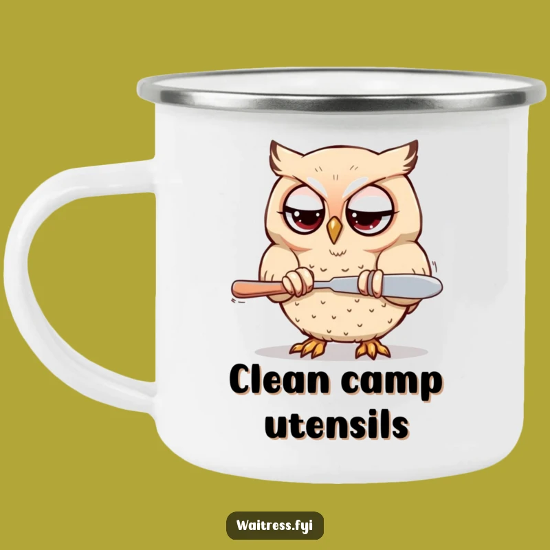 Funny Kawaii Owl Polishing Camping Mug: Focused Sips Outdoors, Great Funny Gift!