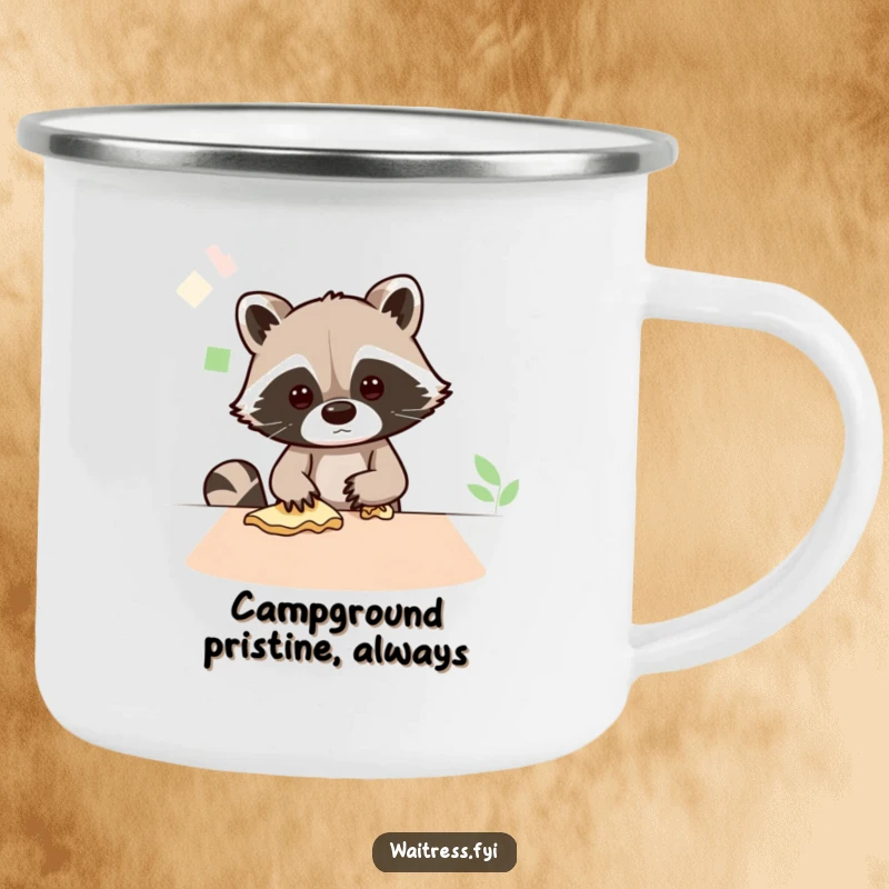 Funny camping mug with a busy Kawaii raccoon wiping a table, perfect for enjoying drinks while keeping things tidy outdoors.
