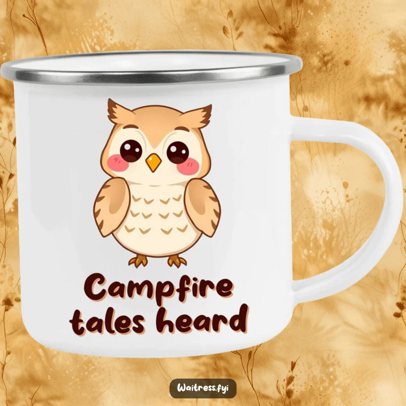 Funny Owl Listener Camping Mug showcasing a cheerful owl character attentively listening with a knowing smile, perfect for outdoor chats.
