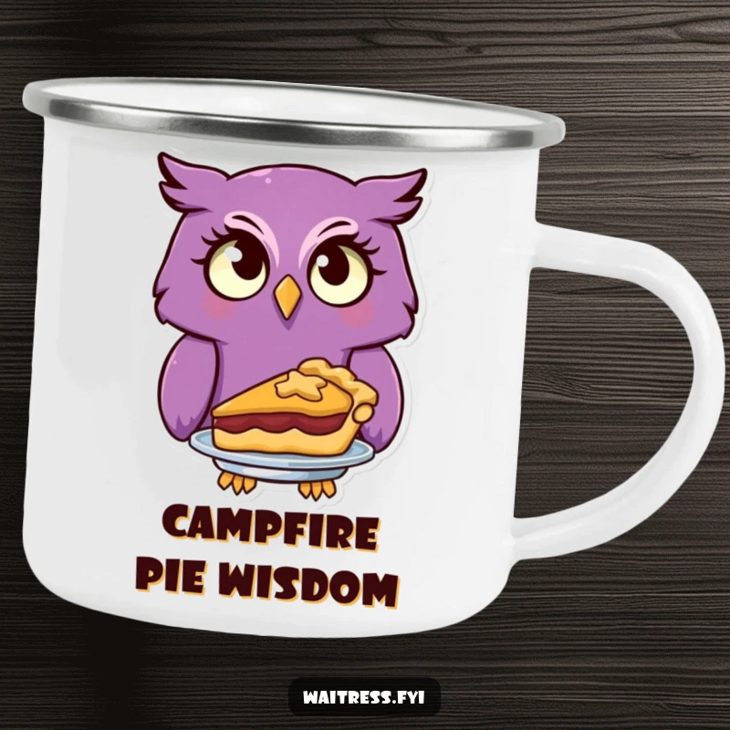 Funny purple owl with a quizzical look serves a delightful pie on this durable camping mug.