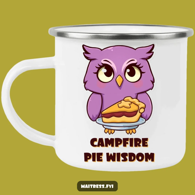 Funny Owl Serving Pie Camping Mug, Whimsical Dessert Humor for Outdoor Treats