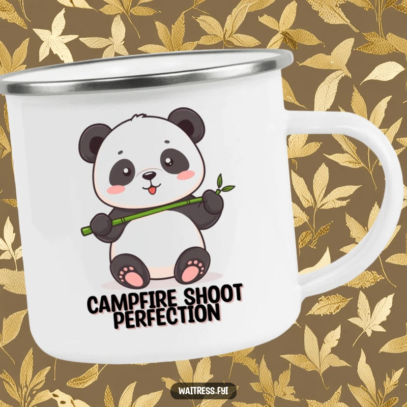 Funny Panda Serving Camping Mug featuring a cute panda with pride serving a tiny bamboo shoot, designed for durability and smiles outdoors.