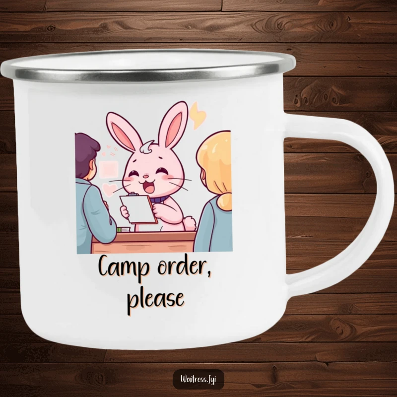 Funny pink rabbit character with a notepad, cheerfully taking an order, on a camping mug, a funny outdoor gift.