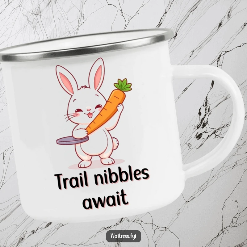 Funny Rabbit Server Camping Mug: Cheerful rabbit presenting a carrot, durable enamel mug for camping.