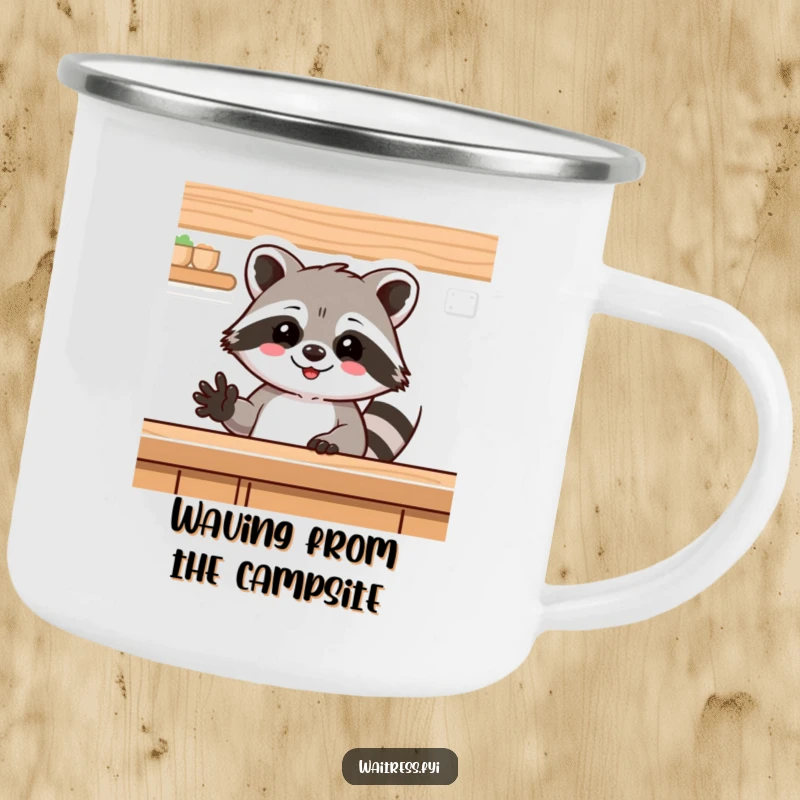 Funny raccoon camping mug, a delighted raccoon waving from behind a counter. Durable and humorous enamel mug for outdoors.