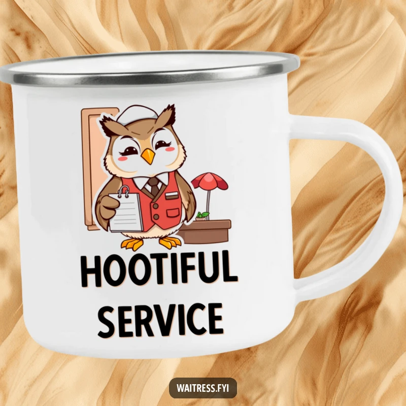 Funny owl server camping mug featuring a smiling owl in a restaurant vest with a notepad.