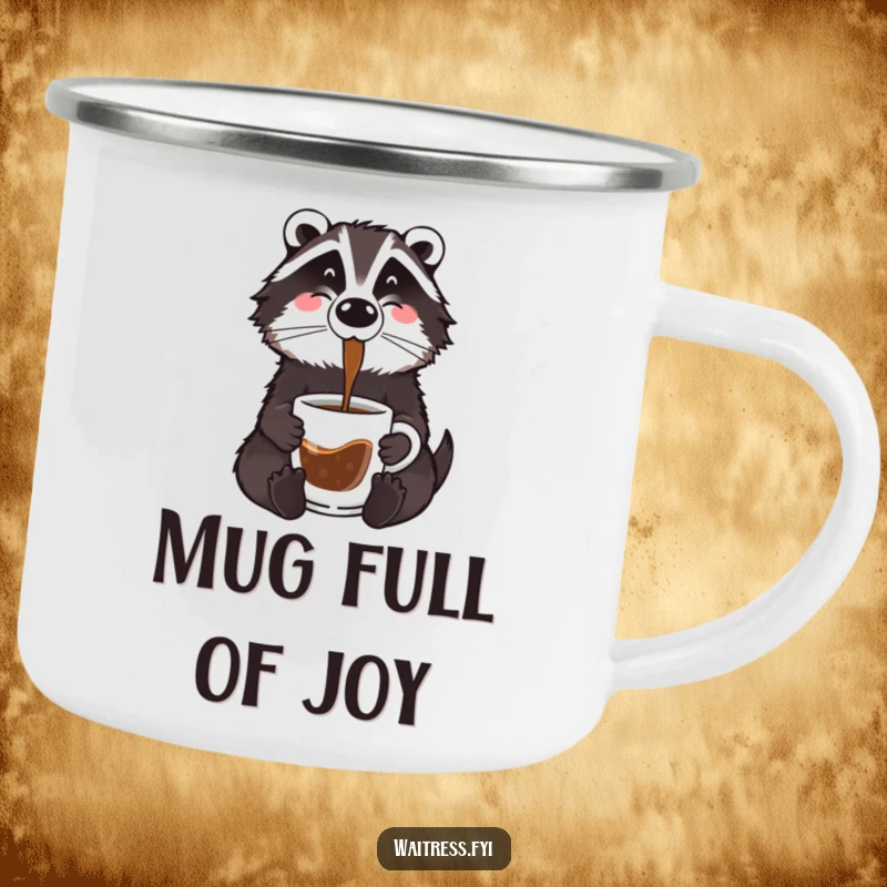 Funny badger coffee camping mug showing a cartoon badger wearing a beanie, pouring coffee into a mug by a campfire.