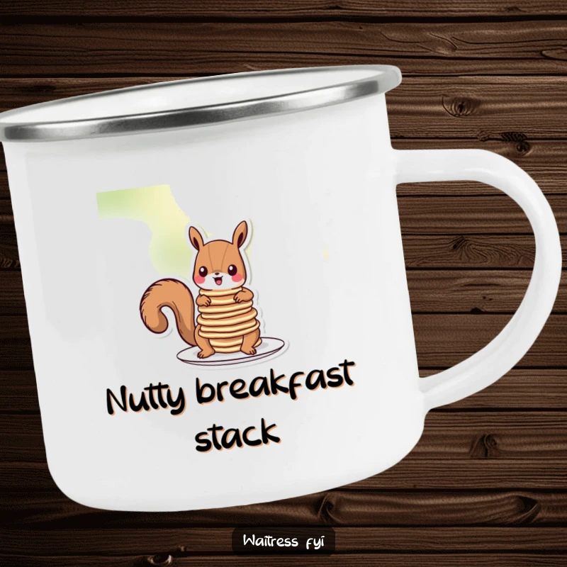 Funny squirrel pancakes camping mug showing a cartoon squirrel wearing a backpack, balancing pancakes precariously while hiking.