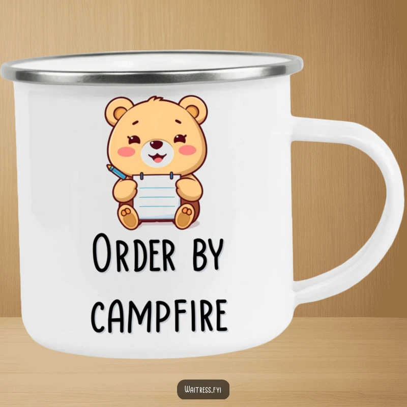 Funny Kawaii bear camping mug with a happy bear holding a notepad and pen, ready to take orders, for outdoors.