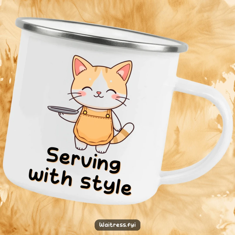 Funny cat waiter camping mug with a cute cat in an apron holding a tray, for outdoor use.