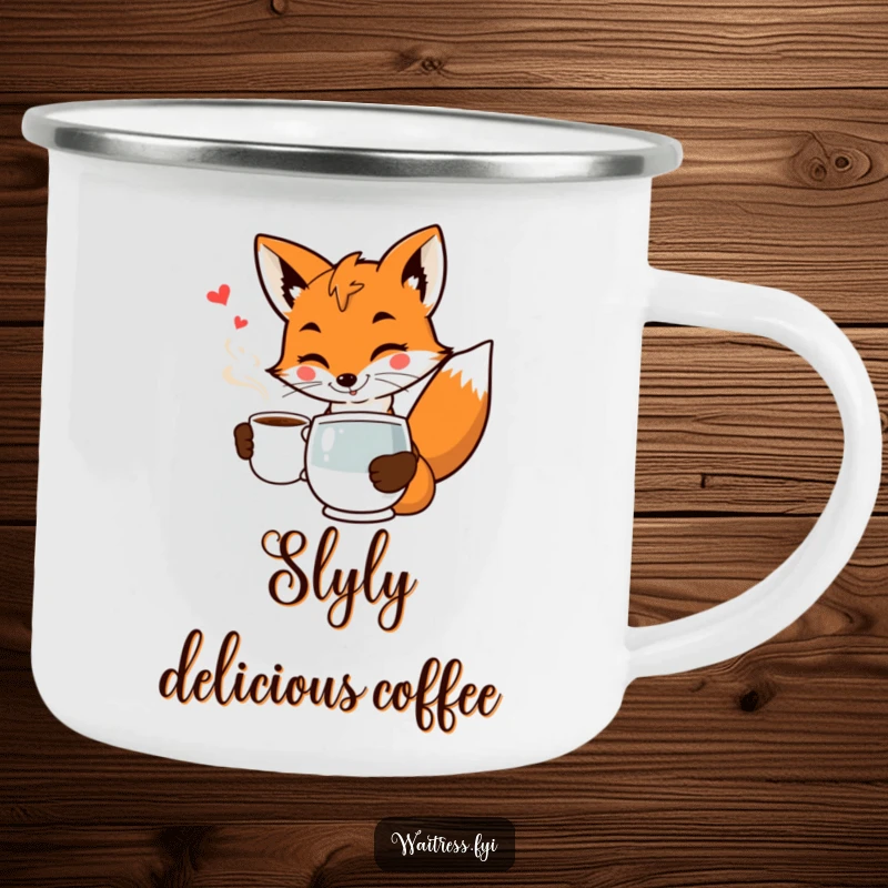 Funny fox waiter camping mug with a smiling fox in uniform serving coffee with a flourish and a wink.
