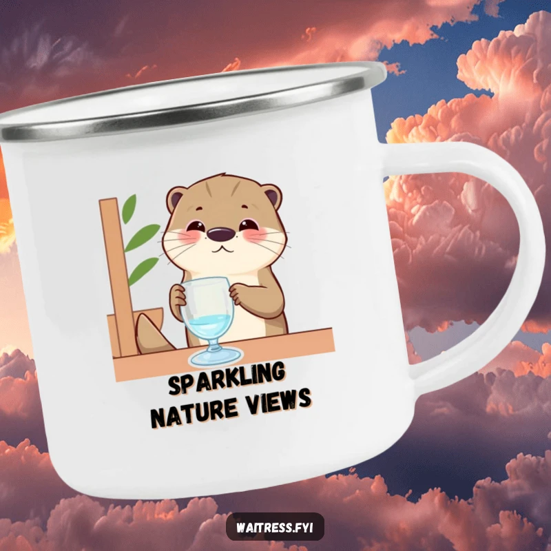 Funny Otter Camping Mug: Depicts a contented otter server polishing an invisible glass, ideal for rugged humor on the go.