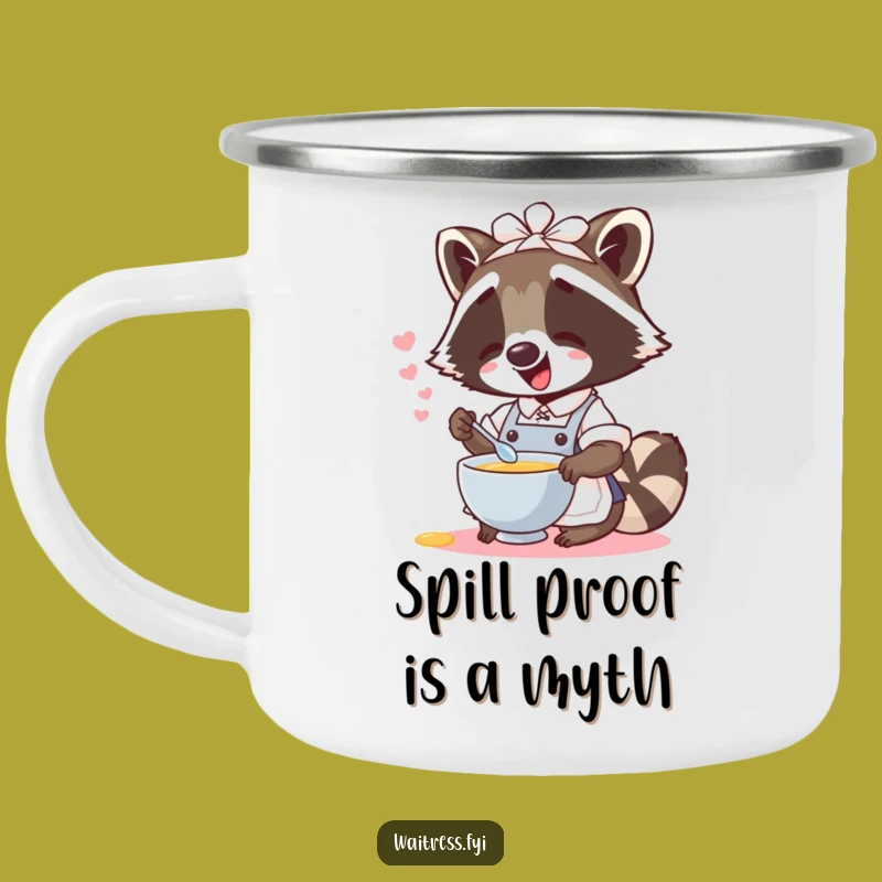 Funny Raccoon Waitress Camping Mug: Adventure spills and giggles, a perfect funny gift.