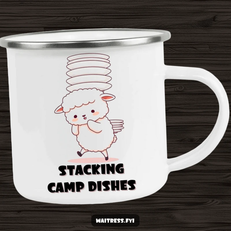 Funny Sheep Plate Struggle Camping Mug showcasing a fluffy sheep character adorably struggling to carry a tall stack of plates, perfect for outdoor fun.