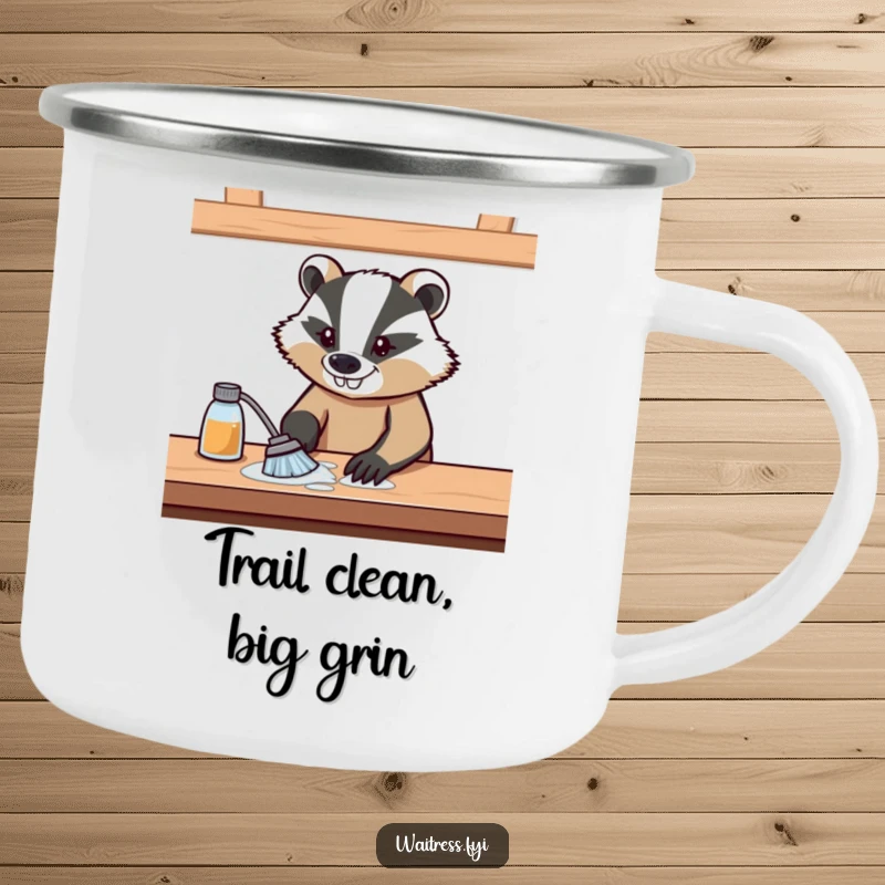 Funny camping mug showing a resolute badger wiping a table with a determined grin, ideal for outdoor enthusiasts.