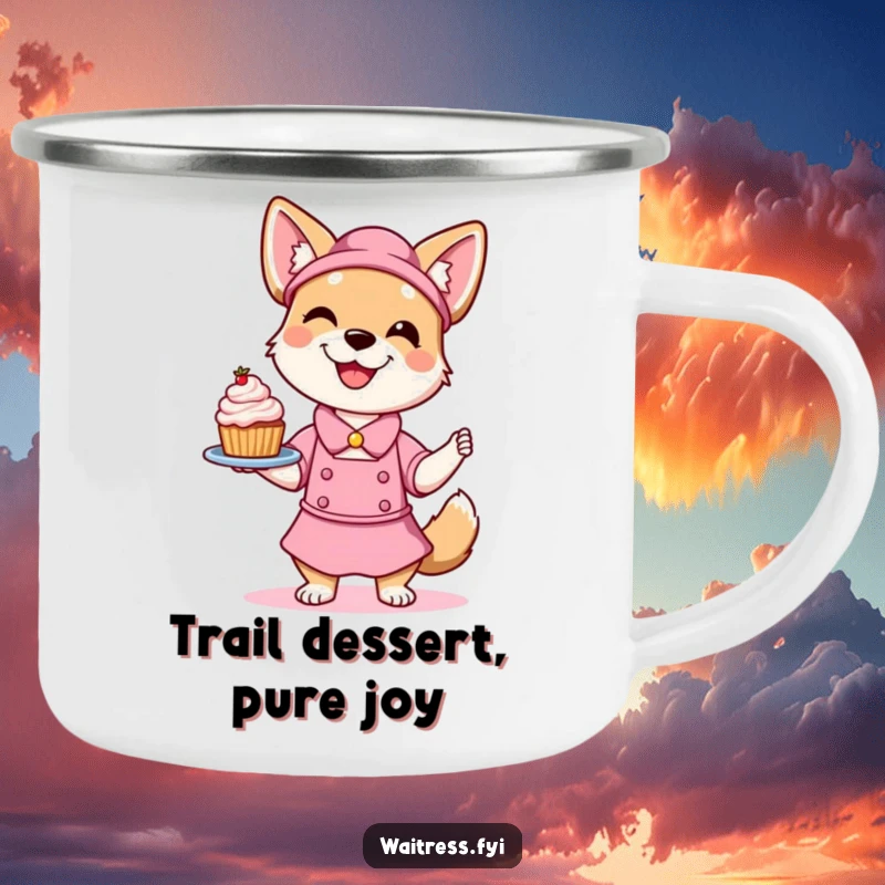 Funny Dog Waitress Camping Mug featuring a smiling dog playfully balancing a dessert, built for adventure and smiles.