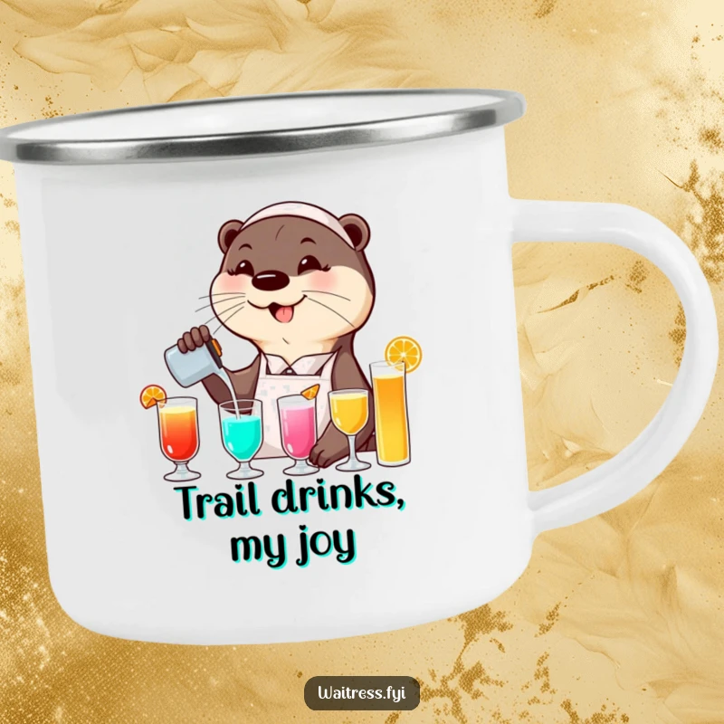 Funny otter waitress camping mug showing a smiling otter pouring colorful drinks with a flourish, ideal for outdoor beverages with a humorous twist.